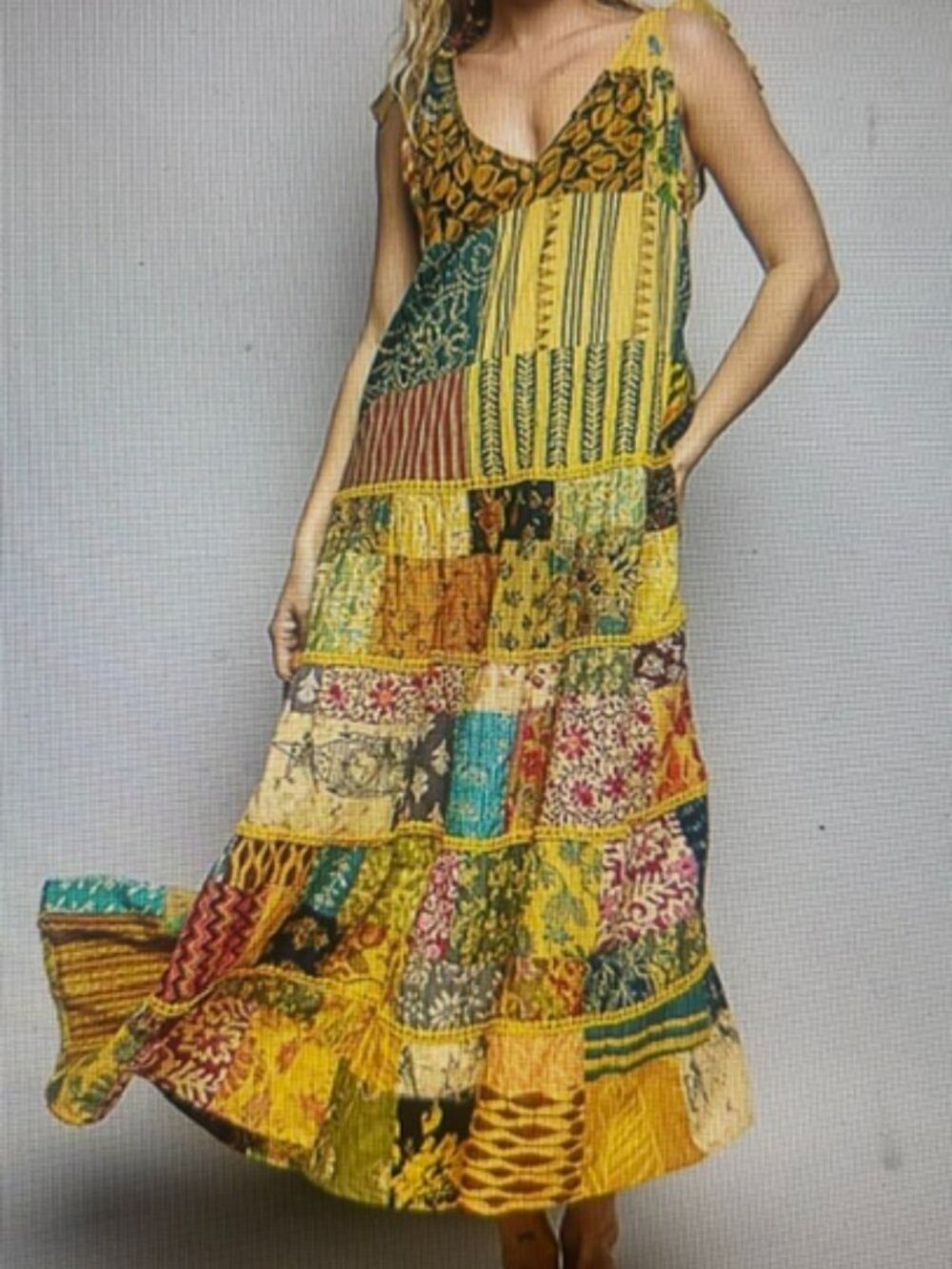 POL The Desert Mosaic Patchwork One of a Kind V Neck Flowing Maxi Dress NWT